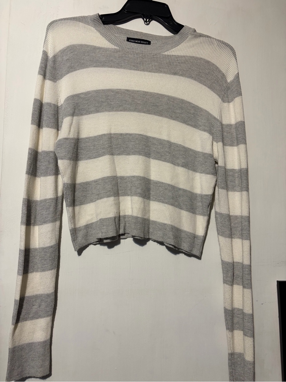Grey & Cream Striped Crewneck Sweater - Unknown Brand